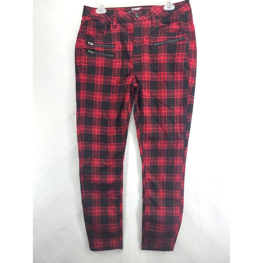 Hot Topic Denim Hi-Rise Super Skinny Jeans Womens 13Red Plaid Zip Pockets Gothic